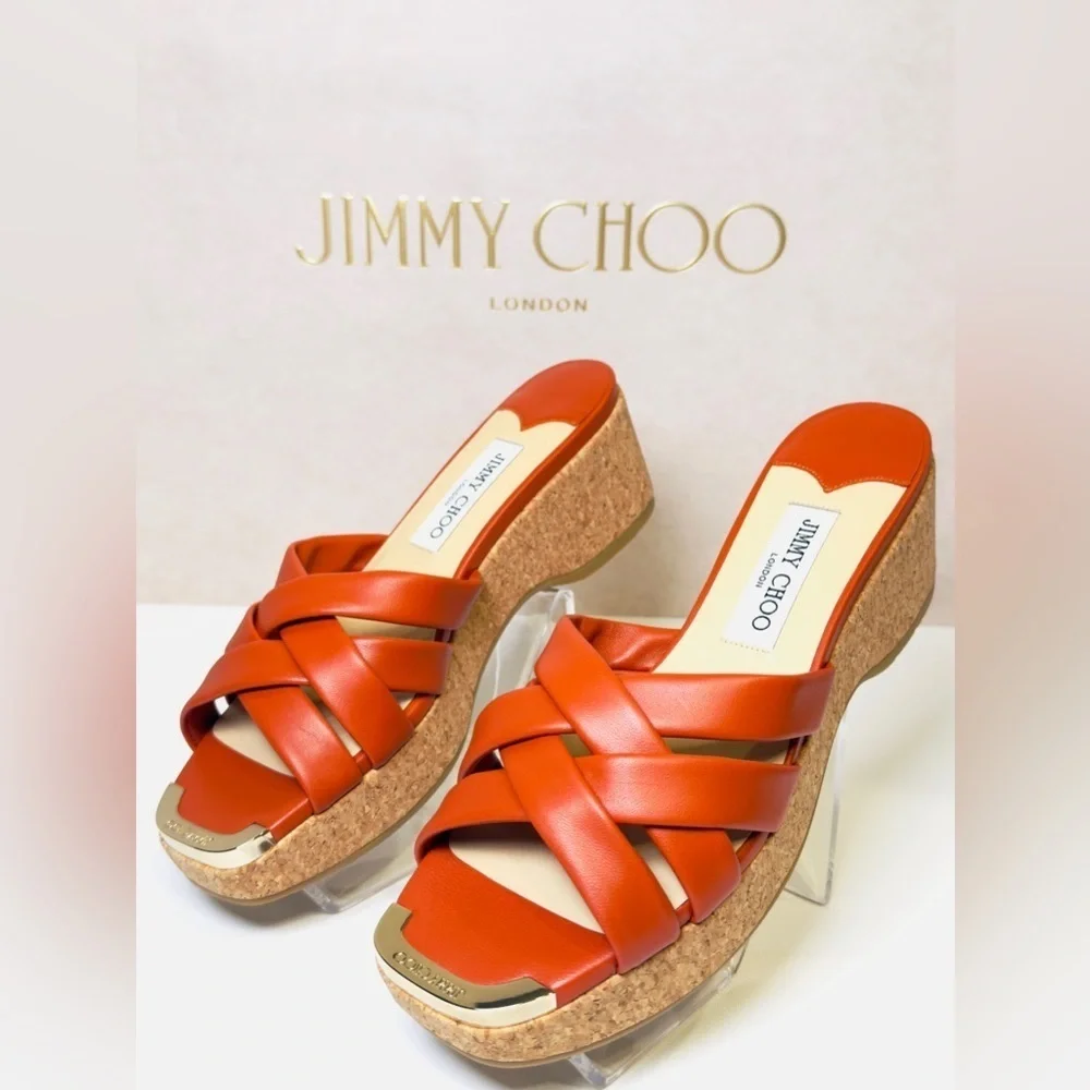 Jimmy Choo Maribou 50 Platform Wedge Slide Sandals Orange Napa Leather Size 38